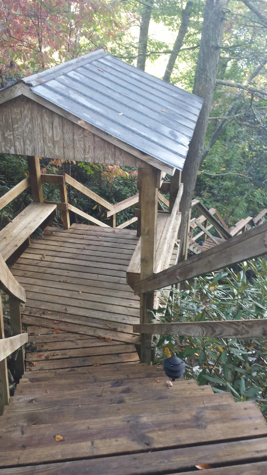 Metal roofed shelter over wooden steps on a wooded walkway — Skylight Repair & Installation work by our crew in Fort Collins